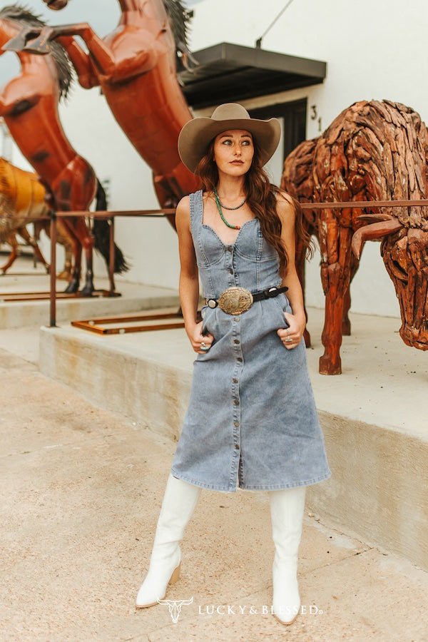 Light Wash Western Stretch Denim Button-Down Maxi Dress