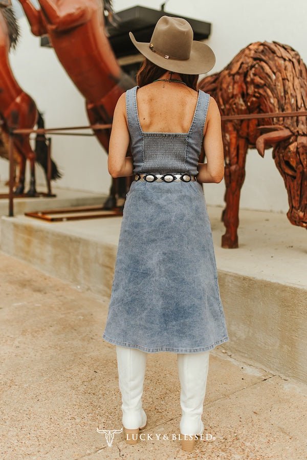 Light Wash Western Stretch Denim Button-Down Maxi Dress