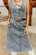 Light Wash Western Stretch Denim Button-Down Maxi Dress