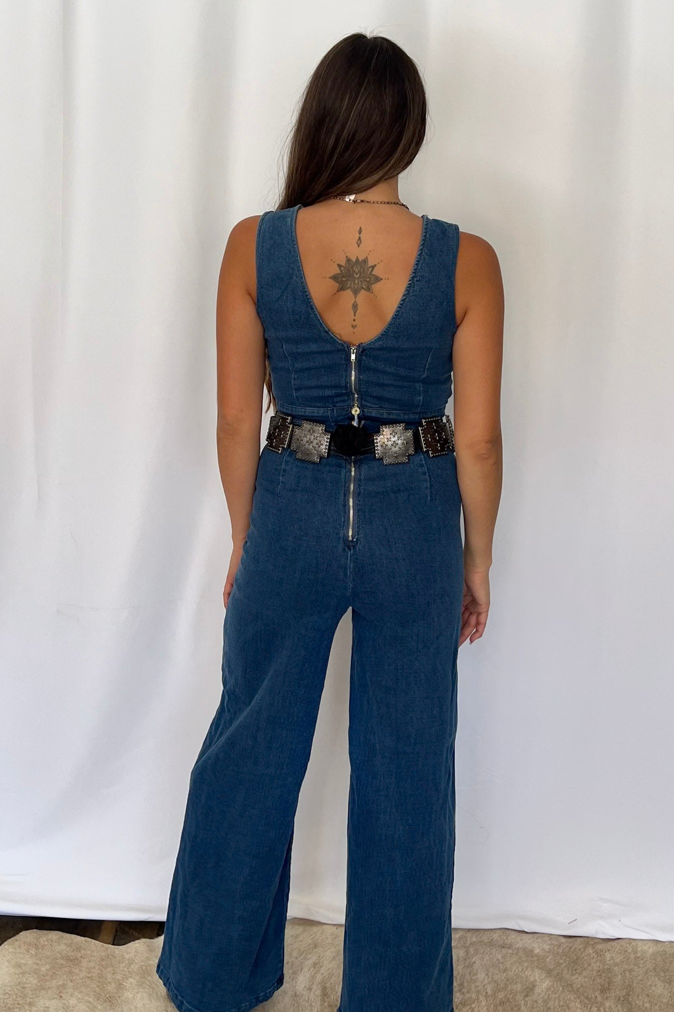 Rosie Scalloped Neckline Denim Jumpsuit - small remains