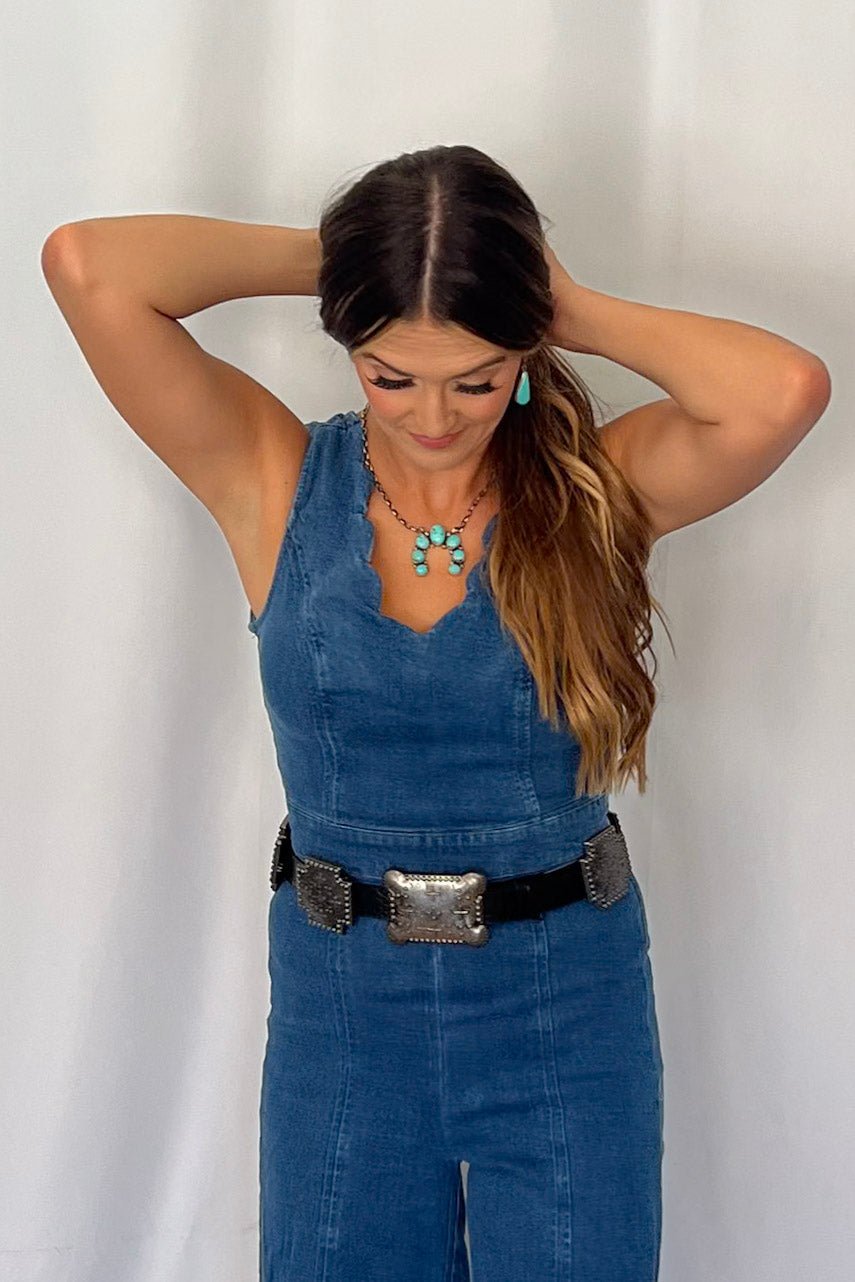 Rosie Scalloped Neckline Denim Jumpsuit - small remains
