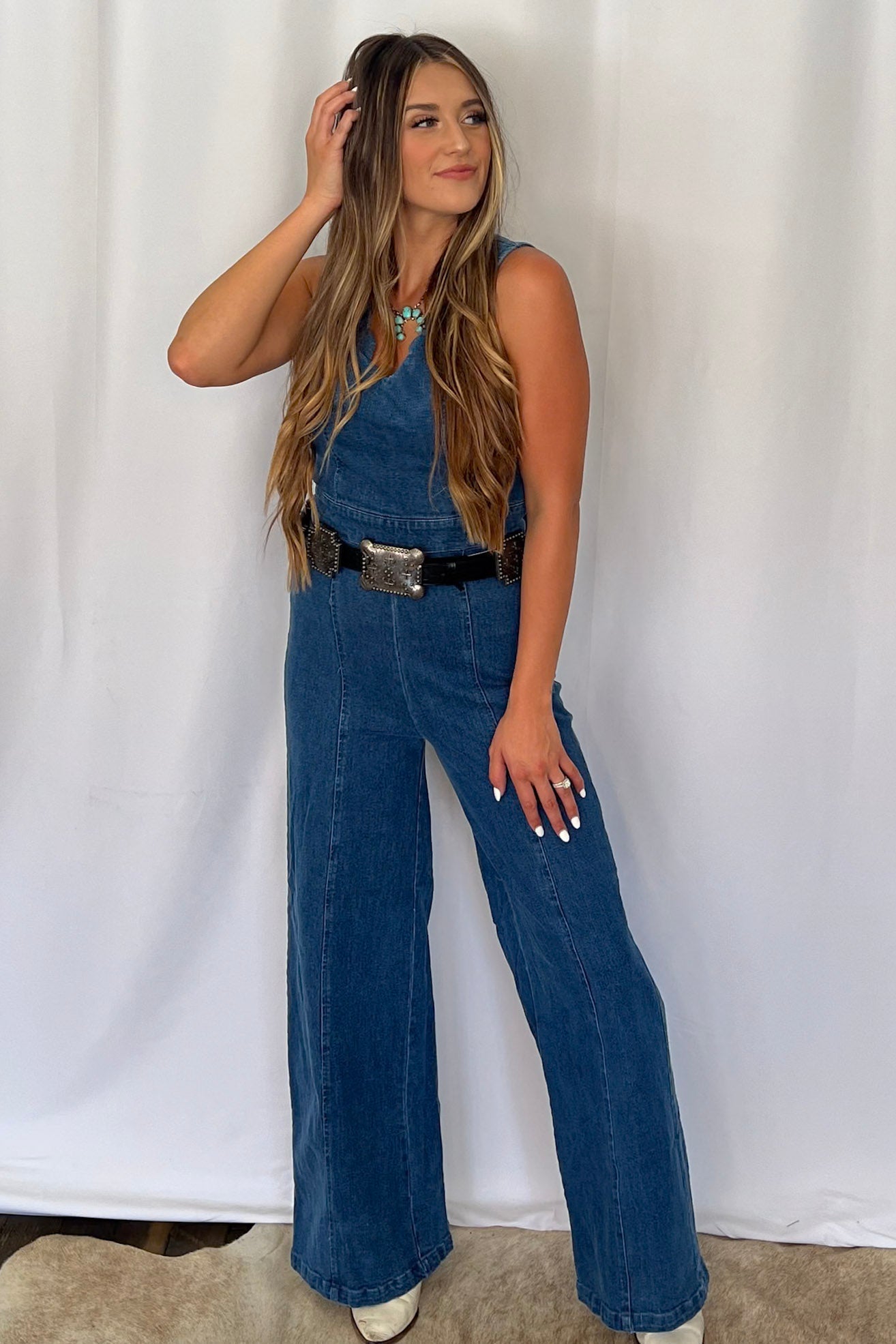 Rosie Scalloped Neckline Denim Jumpsuit - small remains