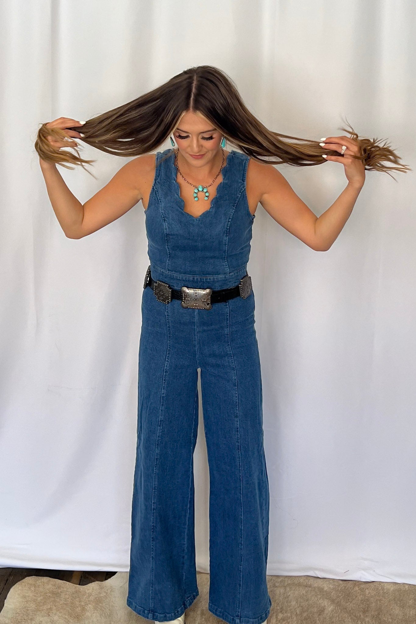 Rosie Scalloped Neckline Denim Jumpsuit - small remains