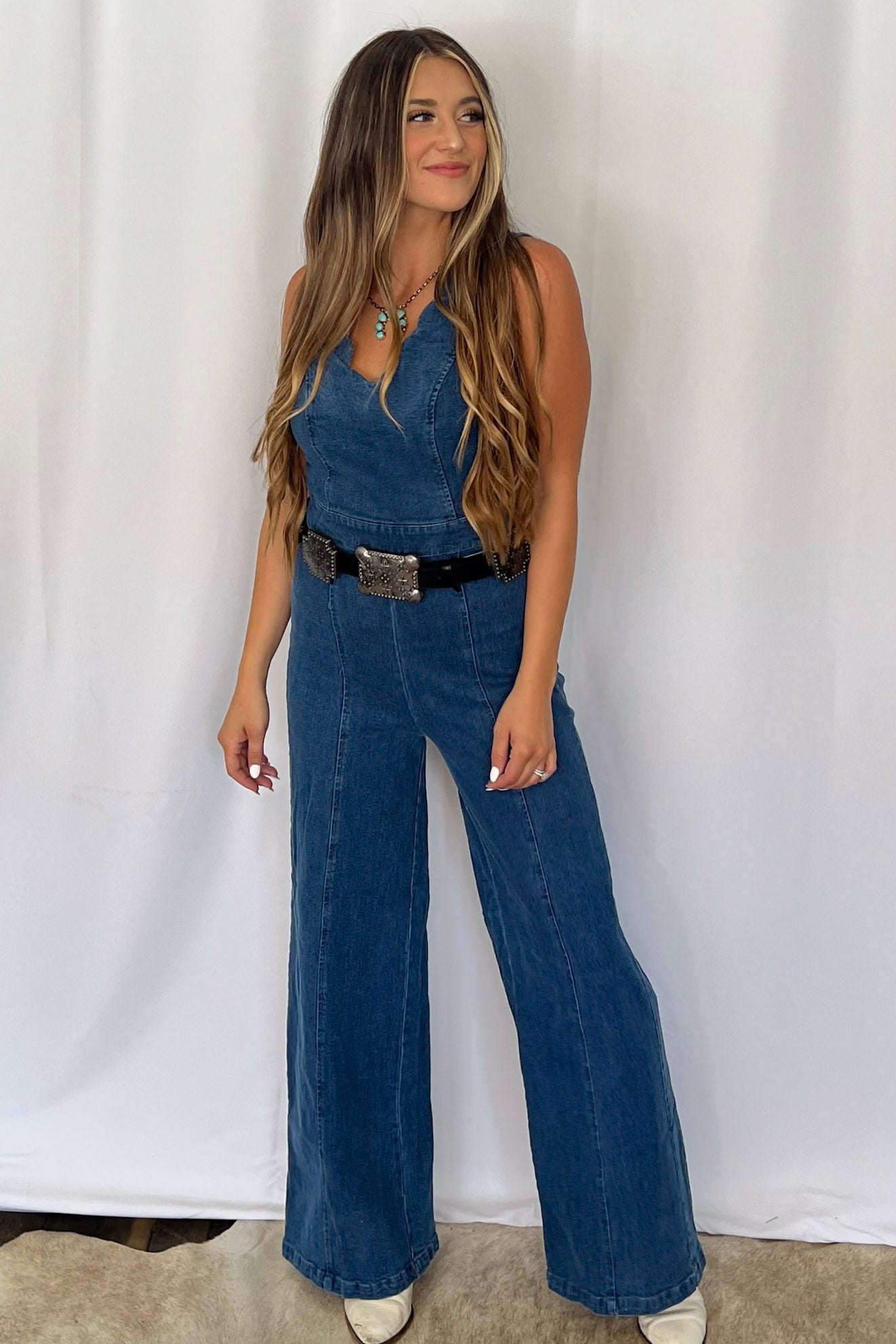 Rosie Scalloped Neckline Denim Jumpsuit - small remains