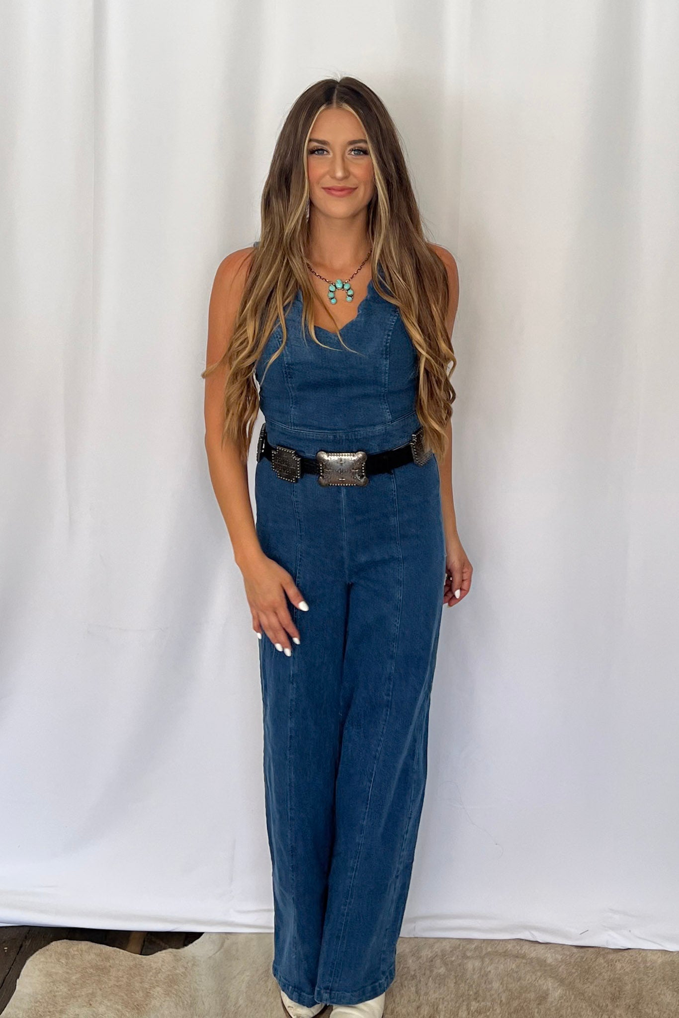 Rosie Scalloped Neckline Denim Jumpsuit - small remains